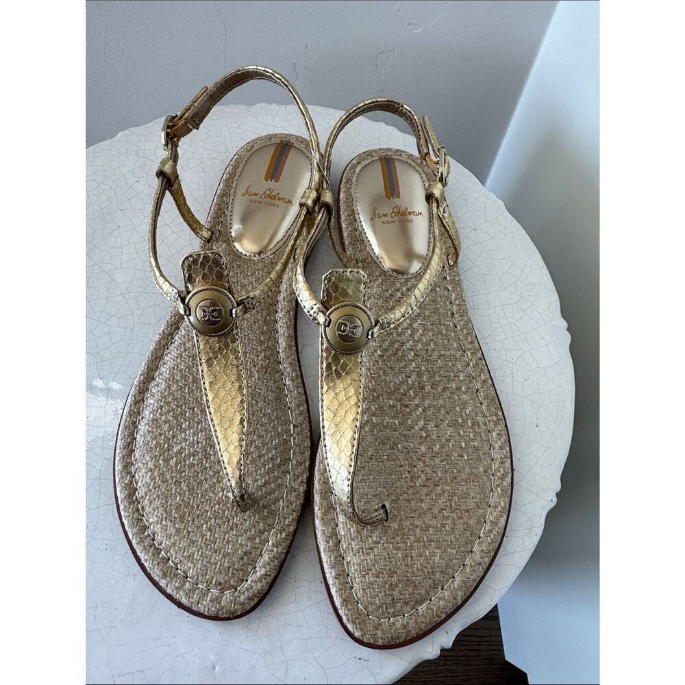Sam Edelman GIGI SIGNET Gold Snake Print T‑Strap Casual Sandals Size 9.5 NWOB